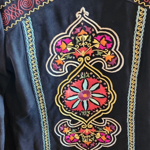 DOUBLE D RANCH Black Suede Embroidery Mongolian Lamb Fur Collar Cuffs Jacket NWT - Picture 10 of 16